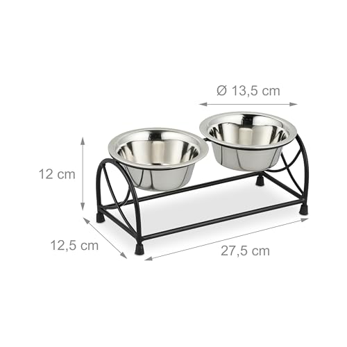Relaxdays Futterstation Hund, Napfständer kleine Hunde, Hundebar 2 Edelstahlnäpfe je 400ml, Futterbar, schwarz/Silber