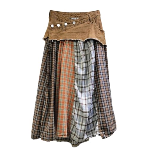 Women Denim Skirt Patchwork Contrast Color Plaid Print Split Buttons A-Line High Waist Long Skirts