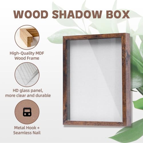 Image of Muzilife 11x14 Shadow Box Picture Frame with Linen Board - Deep Wood & Glass Display Rustic Case Ready to Hang Memorabilia, Pins, Awards, Medals, Wedding, Tickets, and Photos, Rustic Brown