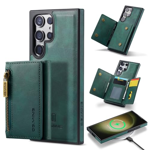 Étui portefeuille magnétique Samsung S23 Ultra en cuir vert avec porte-cartes amovible