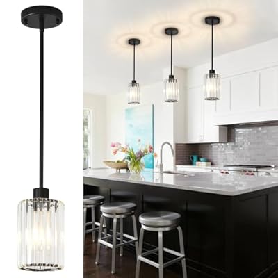 GZJunYo Black Pendant Light Fixtures, 3 Pack Crystal Kitchen Pendant Lighting Over Island, 1-Light Mini Modern Pendant Lights for Kitchen Island, Dining Room, Hallway, Foyer, Entryways
