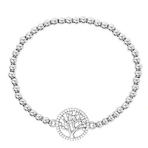 Stainless Steel Bracelet for Women Tree of Life Charm CZ Cubic Zirconia Gold Plated Bead Ball Stretchable Elastic Bracelets