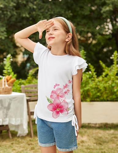 Image of Arshiner Girls T Shirts Ruffle Short Sleeve Ruched Knot Side Tunic Blouse Summer Tee Tops