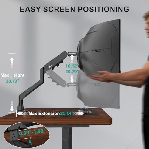 Image of WALI Ultrawide Single Monitor Arm for 17-49 inch Curved Screen, up to 33lbs | Heavy Duty Monitor Desk Mount, Full Motion with Tilt, Swivel, Rotation, C-Clamp /Grommet Base, VESA 75 /100mm (GSM001XLN),Black