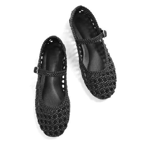 Image of Woven Ballet Flats for Women Round Toe Mesh Flats Buckle Strap Flat Shoes Comfortable Mary Jane Dressy Mesh Shoes Casual Ballerina Mary Janes