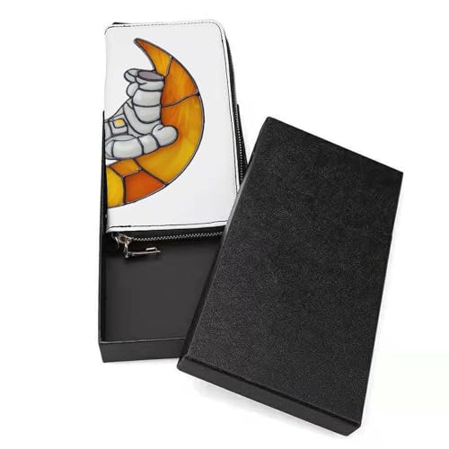Cute Astronaut Sitting on Crescent Moon PU Leather Clutch Long Bifold Wallet, Coin Purse Credit Pass Case, Durable Card-Holder Money Storage for Women Men3