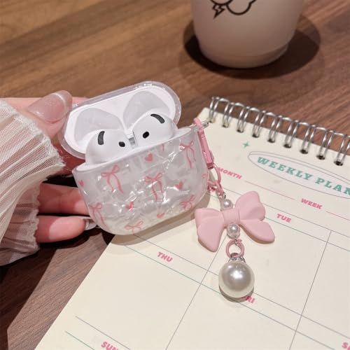 Image of MINSCOSE for Cute Glitter AirPods 4 Case,Shell Pattern Bow Ribbon Trendy Design with Bowknot Pearl Keychain,Protective Shockproof Cover for Apple Airpods iPod 4th Generation for Women Girl-Pink
