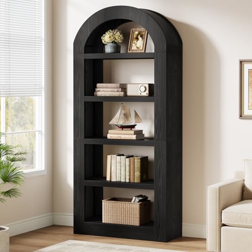 Image of Tribesigns 70.9'' Tall Arched Bookshelf with Storage, 5-Tier Wooden Open Bookcase Display Shelves Organizer for Living Room, Bedroom, Library, or Office, Black, 2PC