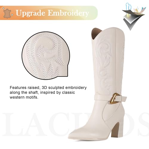 Western Cowboy Boots for Women - Knee High Calf Cowgirl Boots with Classic Embroidered with Gold Buckle, Slip On Pointed Toe Chunky Heel Fashion Retro Classic Faux Leather Pull On Tall Boot4