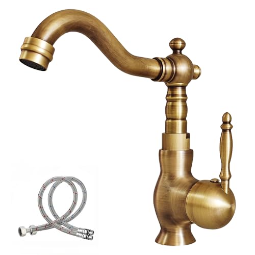 NIUKOMY Vintage Miscelatore Monocomando Bagno Bronzo, Retrò Rubinetto Lavabo Ottone Anticato, Girevole 360° Rubinetto Bagno Lavello Calda e Fredda in Rame, Beccuccio 16 cm