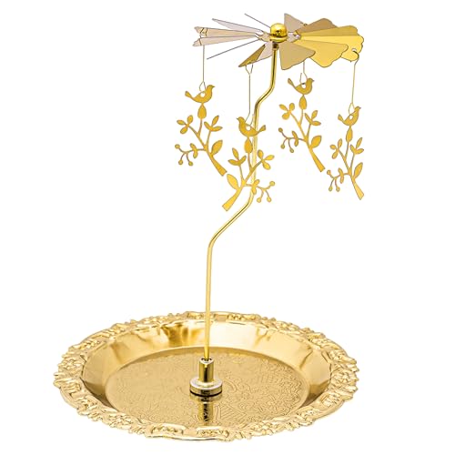 Rancco Spinning Candle Holder with Tray Gold Candle Carousel Heat-Powered Metal Candlestick Holders for Table Centerpiece Wedding Christmas Valentines Day Party Decor (Bird on a Branch)