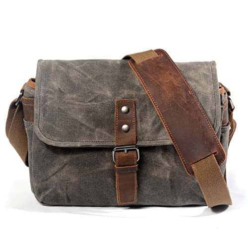 SYF&DJN Retro cámara de Cuero Genuino Bolso Impermeable fotografía Paquete DSLR Hombro Cnavas Caso para Sony Nikon Canon,Armygreen