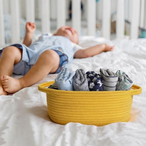 Image of Small Yellow Woven Gift Basket, Baskets for Gifts Empty, Cotton Rope Cat Dog Toy Bin Box, Baby Nursery Organizer, Easter Basket with Handle, Shelf Storage Bin, Yellow Room Decor, 12 inchx 8 inchx 5 inch