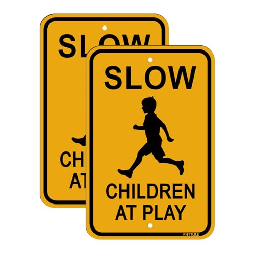 PHTTULE Slow Children at Play Signs 2 Pack, Kids Playing Slow Down 18”x12” Rust Free .040 Aluminum, Fade Resistant Security Signs for Neighborhood Street