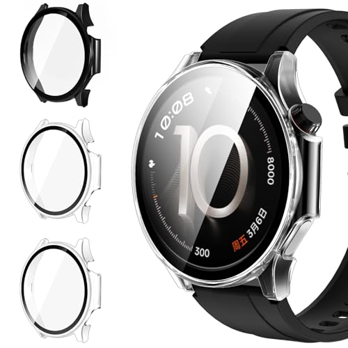 iVoler 3 Pezzi Cover con Vetro Temperato per Oppo Watch X3 / OnePlus Watch 4, Copertura Completa Pellicola Protettiva Custodia Antiurto, Sottile Anti-Graffio Rigida Bumper Case, 2 Trasparente + 1 Nero