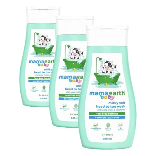 Image of Mamaearth Milky Soft Head to Toe Wash With Oats, Milk, and Calendula for Babies- 200 ml |2-in-1 Tear-Free Body Wash & Shampoo | Moisturizes and Soothes Skin | Travel-friendly Pack (Pack of 3)