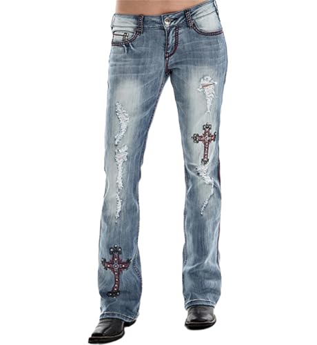 Bootcut Jeans for Women Mid Rise Ripped Distressed Embroidered Cross