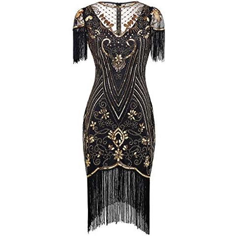 FAIRY COUPLE Women's 1920s Lace Neck Great Gatsby Dress Sequin Art Deco Flapper Dress with Sleeve D20S028 M Black Gold Cover
