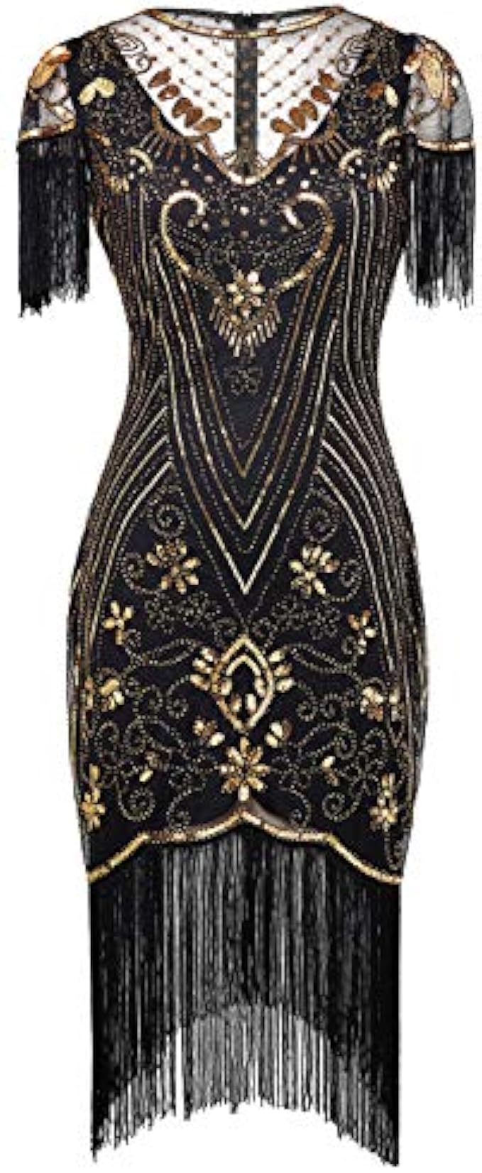 FAIRY COUPLE Women's 1920s Lace Neck Great Gatsby Dress Sequin Art Deco Flapper Dress with Sleeve D20S028