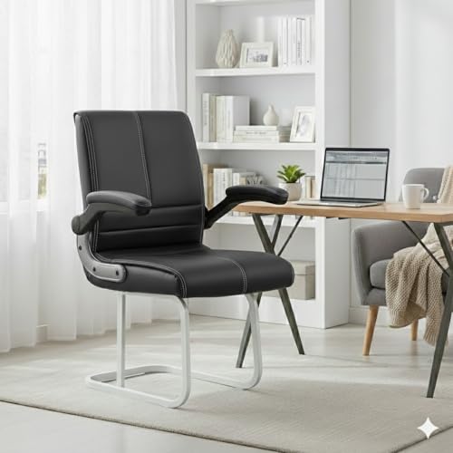 Image of NEWTURN Maxson Mid Back Office Visitor Chair, Adjustable Flip-Up Handles, Synthetic Rexine, Ergonomic Reception Chair, 1 Year Warranty (Black)