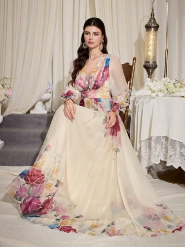 Image of TOLEEN Summer Casual Dresses for Women 2026 Spring Fashion Boho V Neck Long Sleeve Ruffle Floral Print Elegant Maxi Dress
