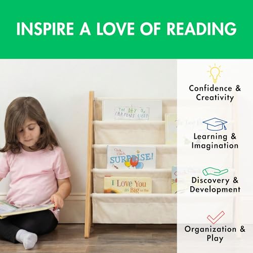 Image of Humble Crew 4-Tier Kids Bookshelf, Natural /White - Premium Book Shelf for Kids Rooms with Four Deep Pockets - Toddler Sling Book Rack with Deep Sleeves, Nursery Bookcase Organizer