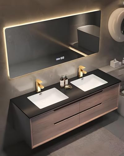 JINSHAWAN Mueble De Baño con Lavabo, Mueble Baño con Lavabo Y Grifo, Espejo LED Y 3 Cajones, Mueble De Baño De Madera Maciza, Gran Capacidad De Almacenamiento, Mueble De Pared