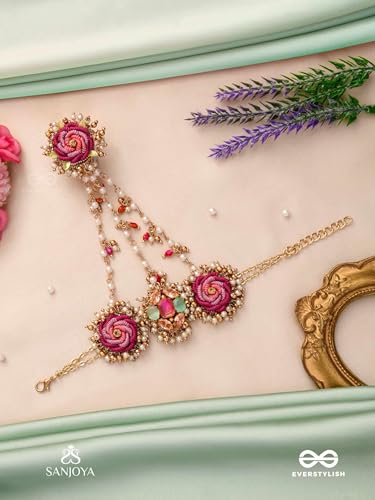 Image of SANJOYA BY EVERSTYLISH Gulratna Jewel Of Roses Handcrafted Rose Haathphool With Beaded Fringes, Pearls And Gem Details Lightweight Jewelry For Women | Party, Festive, Wedding & Gifting