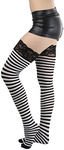 Image of ToBeInStyle Women's Opaque Hosiery Thin Striped Thigh High Long Stocking