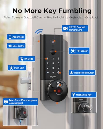 Palm Vein Smart Lock with 2K Security Camera & Video Doorbell, Anybell Keyless Entry Wi-Fi Deadbolt for Front Door, AI Local Storage, Auto Lock, App Remote Control, Home Security