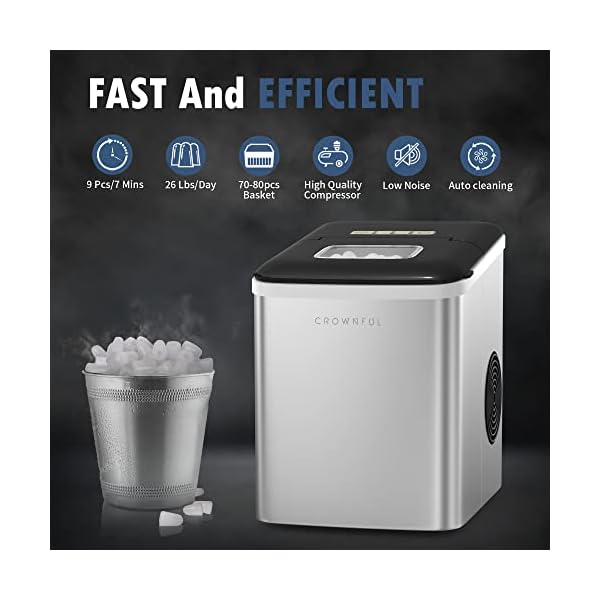 CROWNFUL Ice Maker Machine for Countertop, 9 Bullet Ice Cubes S/L Ready