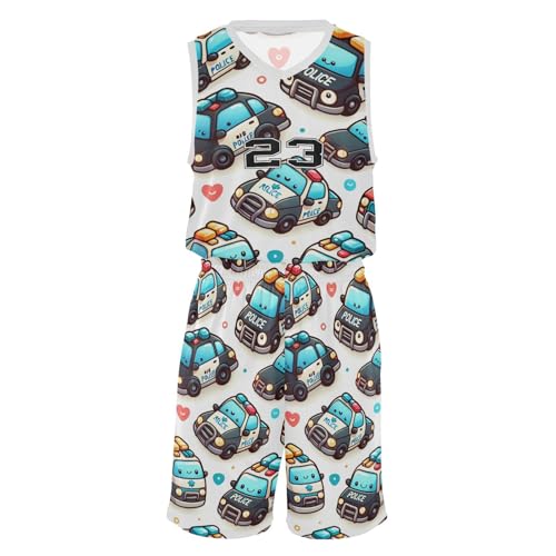FLildon Cute Police Cars Boys Basketball Jersey Set Tank Top Shorts Tracksuit Sport Training Suit for Kids, XL