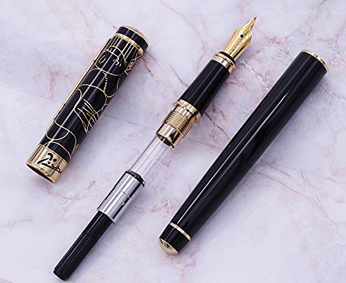 Lanxivi Picasso 902 Gentleman Fountain Pen Bent Nib Fude Pen, Fine To Broad Size, Black Gold Collection Signature Pen #TOP5