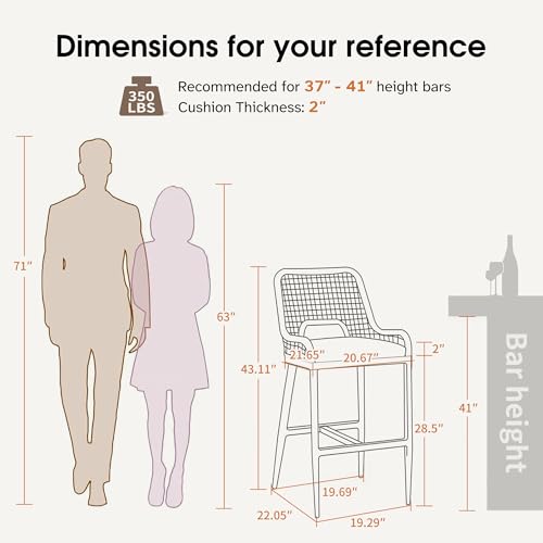 Image of PURPLE LEAF Bar Stools Set of 2 Bar Height Metal Bar Chairs with Back Modern Tall Comfy Wicker Woven Boho Garden Pool Patio Outdoor Barstools