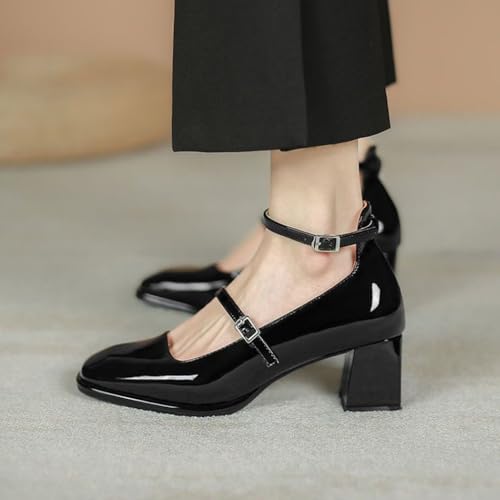YIYA Women's Mary Jane Heels Square Toe Chunky Block Heel Ankle Buckle Strap Patent Leather Work Dress Pumps Shoes2