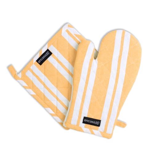 Image of Encasa XO Heat Resistant 100% Cotton Oven Glove & Potholder Set with Loop, Kitchen Cooking Mittens, Microwave Safe Hot Pads (Franca Yellow Stripes)
