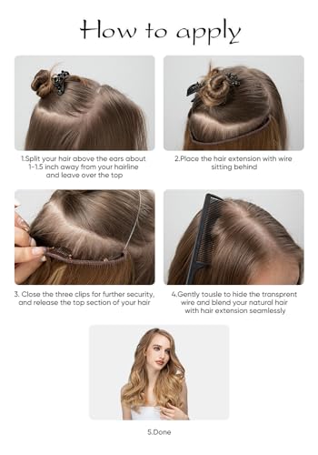 SARLA Invisible Wire Hair Extensions with 3 Clips Long Synthetic Wavy Curly Hairpiece Adjustable Transparent Headband for Women 18 Inch Ash Medium Brown/Ash Blonde Highlights