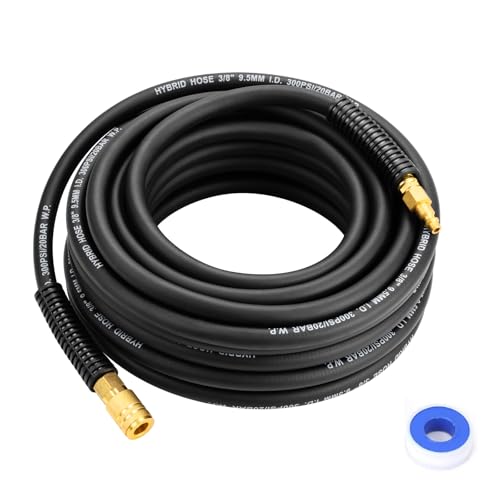 Air Compressor Hose 3/8 Inch x 25 FT Hybrid Air Hose Heavy Duty Lightweight Flexible Air Hose Kink Resistant All Weather Performance 1/4 Industrial Quick Connect Coupler & Plug 300 PSI Black