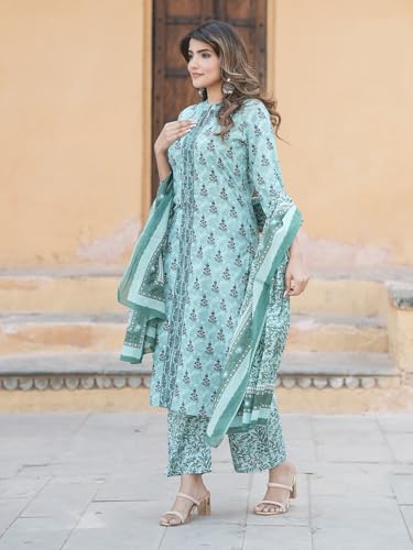 Image of Nefer Women Teal Green Pure Cotton Straight Ethnic Motifs Three-Quarter Sleeves Kurta Trouser Set With Dupatta