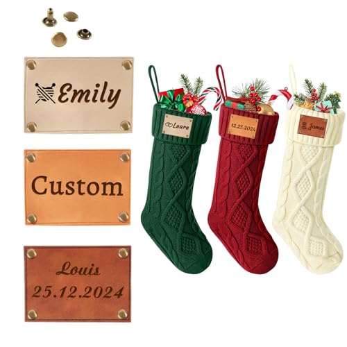 HJX Personalized Leather Name Tags for 2024 Christmas Stocking,Custom Leather Label for Xmas Knitted Stockings Handmade Crochet Knitting Items,PU Leather Name Label with Rivets