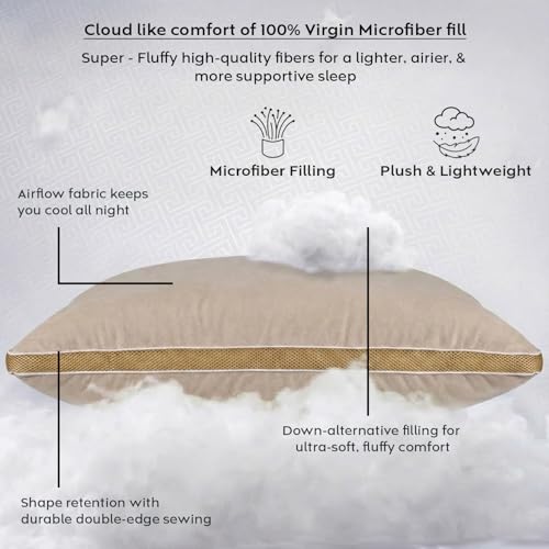 Image of AYKA Premium Microfiber Pillow for Sleeping | Super Soft & Fluffy Bed Pillow | 100% Virgin Microfiber Filling | Breathable | Ideal for All Sleeping Positions | 17x27 Inch | Beige | Pack of 4