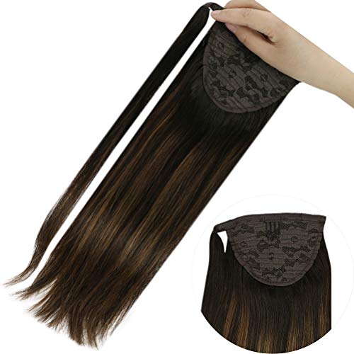 YoungSee 20inch Long Wrap Around Ponytail Hair Extensions Remy Human Hair Darkest Brown Mixed Medium Brown Balayage Hair Piece 80G