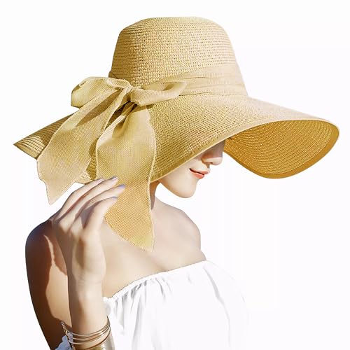 Image of Lanzom Womens Big Bowknot Straw Hat Floppy Foldable Roll up Beach Cap Sun Hat UPF 50+