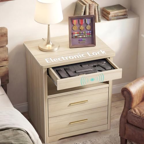 IGERI Wood Nightstand with Gun Drawer for Bedroom Wooden 3 Drawers Night Stand Gun Safe for Handgun Bed Side Table with Storage Hidden Compartment Locking Drawer