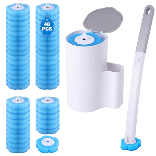 wlich Disposable Toilet Brush with 48 Refills Bowl Toilet Brush with Wall Mounted Holder Toilet Bowl Brush Set with Wand and Storage Box for Bathroom Cleaning
