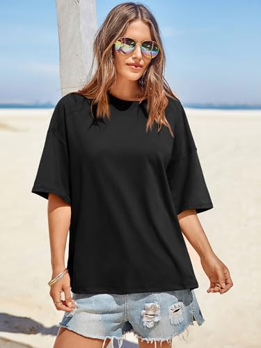 Tankaneo Womens Oversized Tshirts Summer Casual Short Sleeve Crew Neck T Shirt Loose Fit Side Slit Tee Tops3