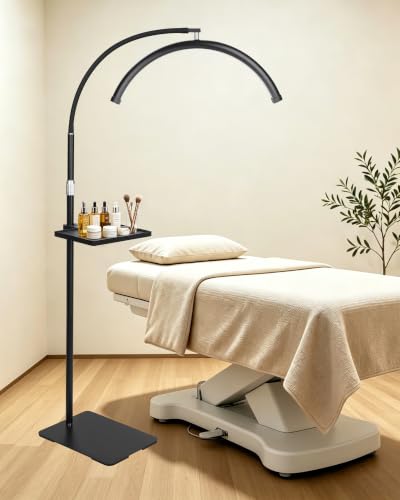 Image of Half Moon LED Floor Light with Tool Tray for Lash Techs, Eyelash Extensions, Estheticians, Skincare, Nail Art, Tattoo Artists, Home & Office - Professional Shadow-Free Lamp | Dimmable (Remote)