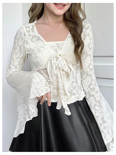 SHENHE Girl's Lace Tie Front Shirt Bell Long Sleeve Dressy Going Out Party Fairy Top3