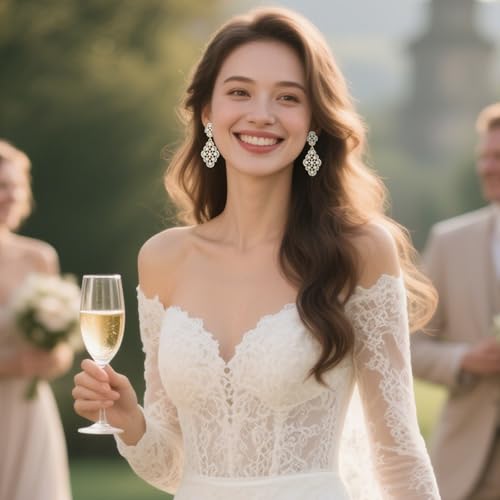 BriLove Wedding Bridal Simulated Pearl Earrings for Women Crystal Hollow Rhombus Chandelier Dangle Jewelry Ivory Color Gold-Plated-Base3