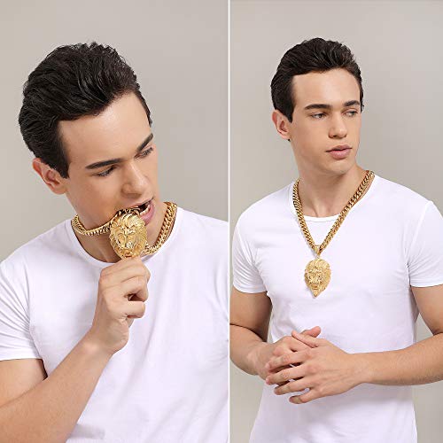 Huge Lion Necklace 18K Gold Stainless Steel Head Pendant Necklace Mens Hip Hop Rapper with 14MM Miami Cuban Link Chain 30inches2